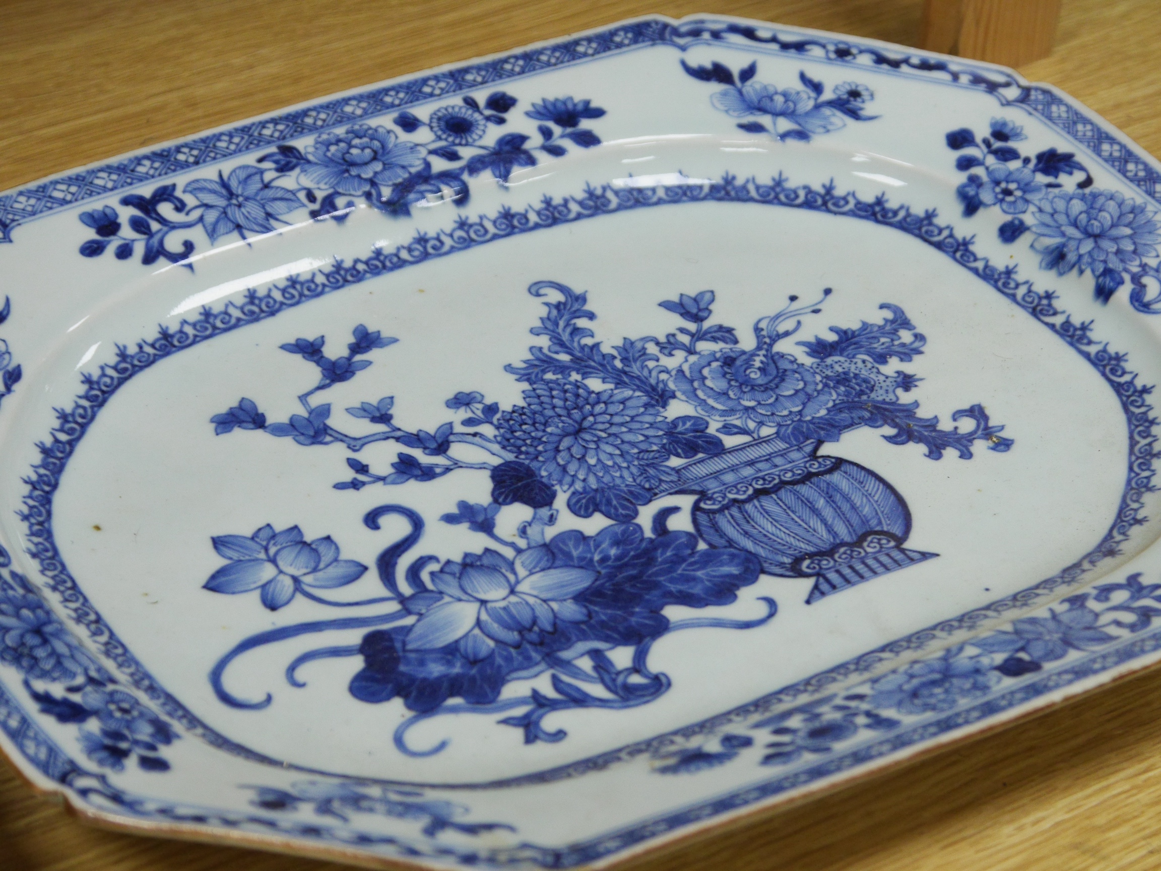 Two 18th century Chinese blue and white octagonal meat dishes, 44cm wide. Condition - good, one with some chipping